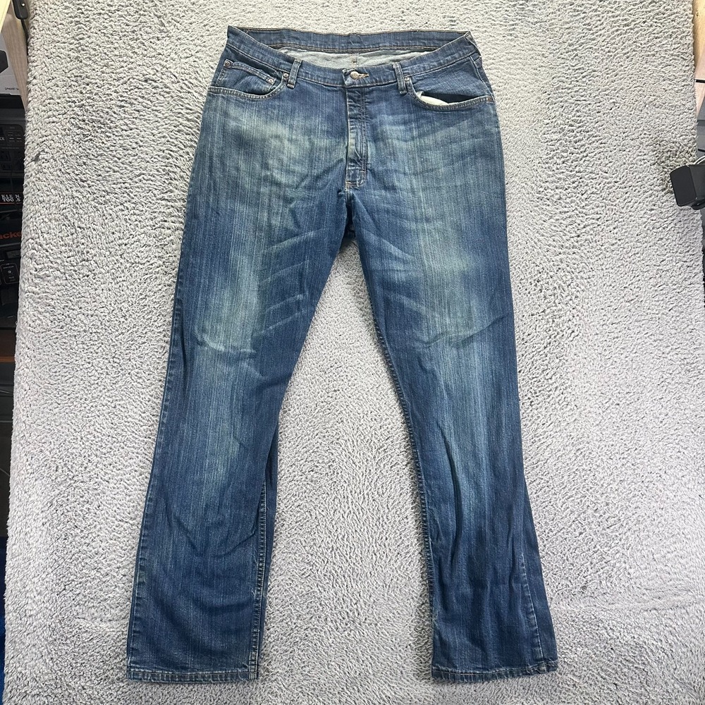 Wrangler Jeans Mens 36x34 Blue Denim Straight Leg Relaxed Faded Workwear Stretch